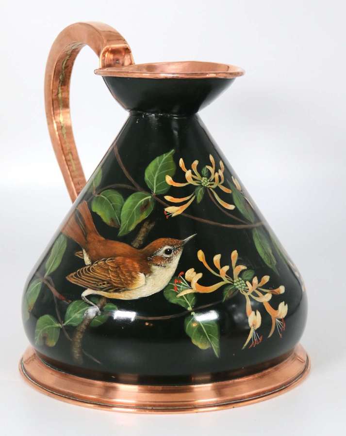 A large hand painted copper cider or ale jug, signed J Hill circa 1930