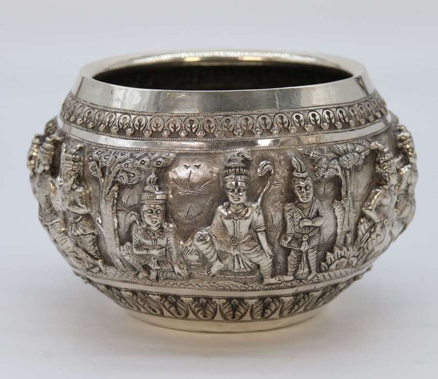 A 19th century Indian silver Raj period deep relief repousse work bowl