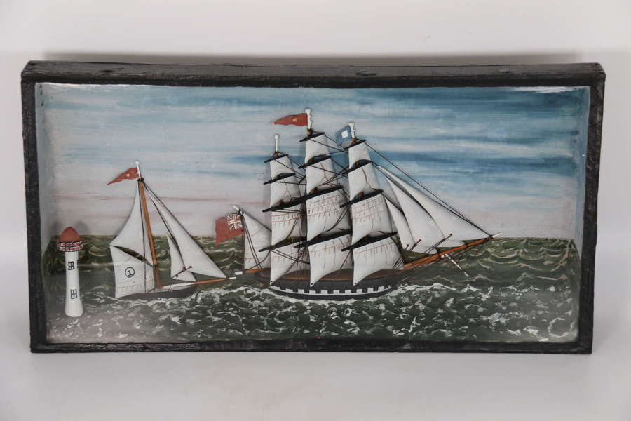 19th C folk art diorama of two sailing vessels racing at sea C 1860