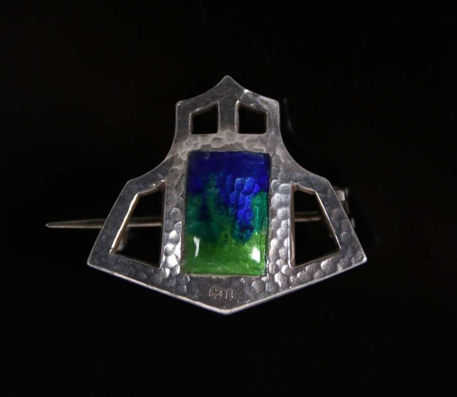 Antique Arts and Crafts hammered silver and enamel brooch 1904 - 05