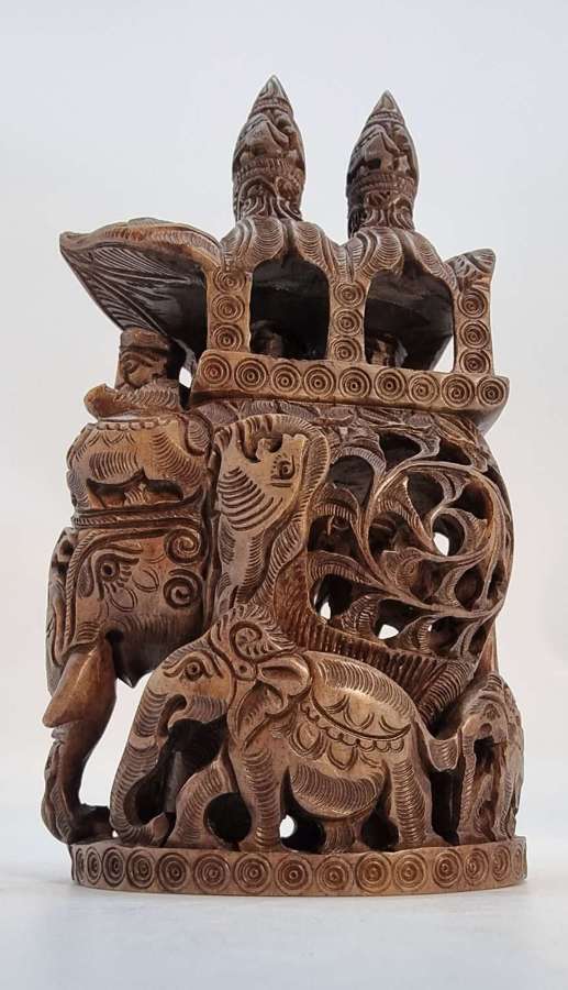Indian hand carved soapstone sculpture of an elephant with its keepers
