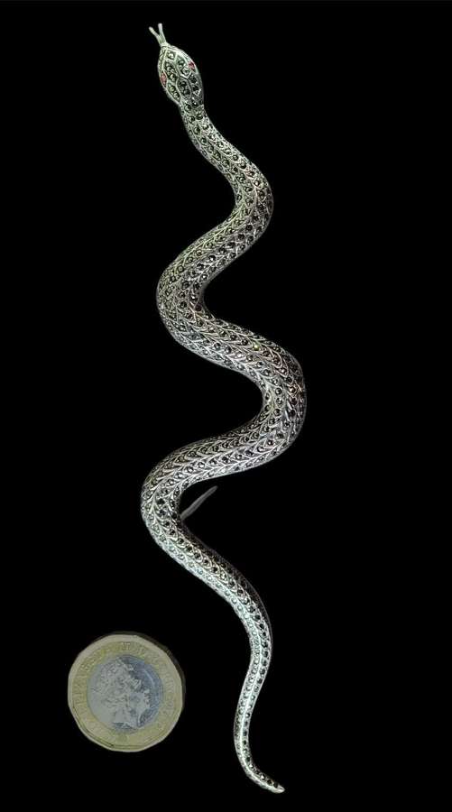 A 1920s marcasite and Stirling silver snake brooch