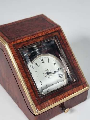 19th century pocket watch box made from tulipwood, ebony and amboyna