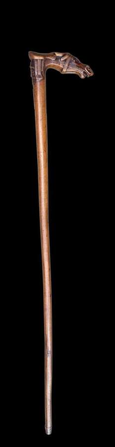 19th century olivewood walking stick with a equestrian carved handle