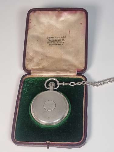 A solid silver pocket watch, presentation case and chain with two fobs