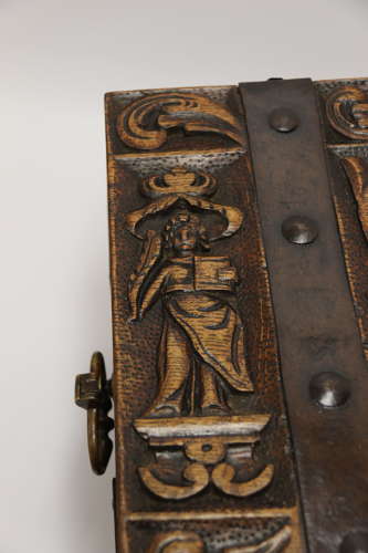 19th century carved oak and steel bound strong box for a ships captain