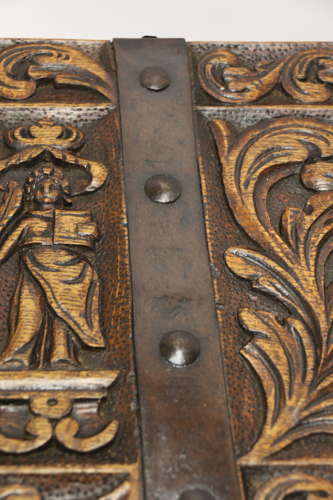 19th century carved oak and steel bound strong box for a ships captain