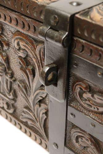 19th century carved oak and steel bound strong box for a ships captain