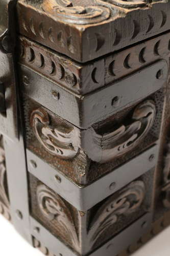 19th century carved oak and steel bound strong box for a ships captain