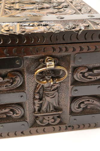 19th century carved oak and steel bound strong box for a ships captain