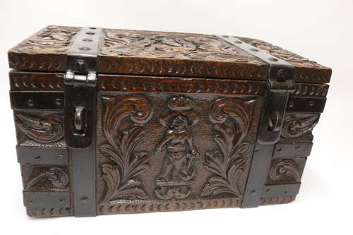 19th century carved oak and steel bound strong box for a ships captain