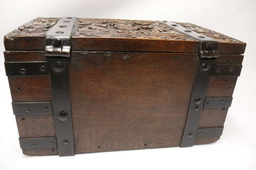 19th century carved oak and steel bound strong box for a ships captain