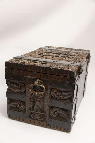 19th century carved oak and steel bound strong box for a ships captain