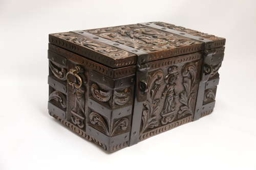 19th century carved oak and steel bound strong box for a ships captain