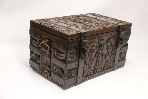 19th century carved oak and steel bound strong box for a ships captain