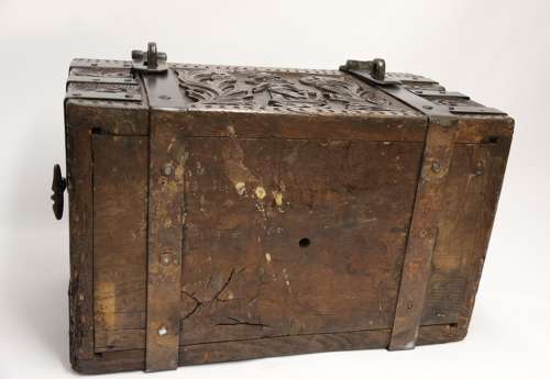 19th century carved oak and steel bound strong box for a ships captain