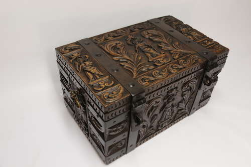 19th century carved oak and steel bound strong box for a ships captain