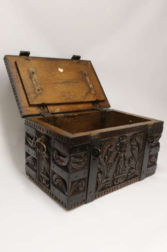 19th century carved oak and steel bound strong box for a ships captain