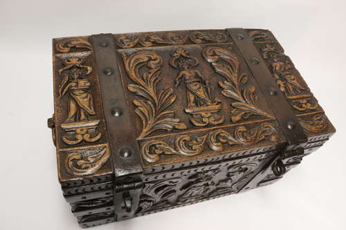 19th century carved oak and steel bound strong box for a ships captain