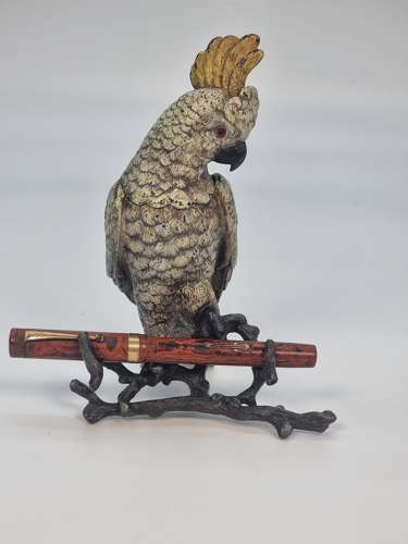 A 19th century Austrian bronze cold painted cockatoo inkstand
