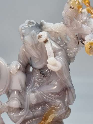 Chinese hand carved agate hardstone figure group on a hardwood stand