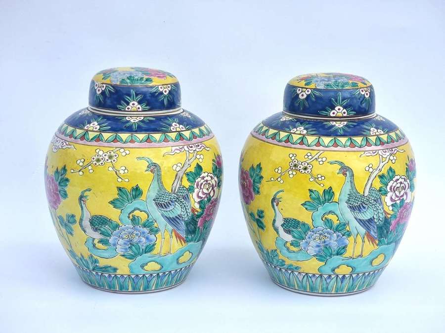 A pair of hand painted decorative Chinese ginger jars circa 1930