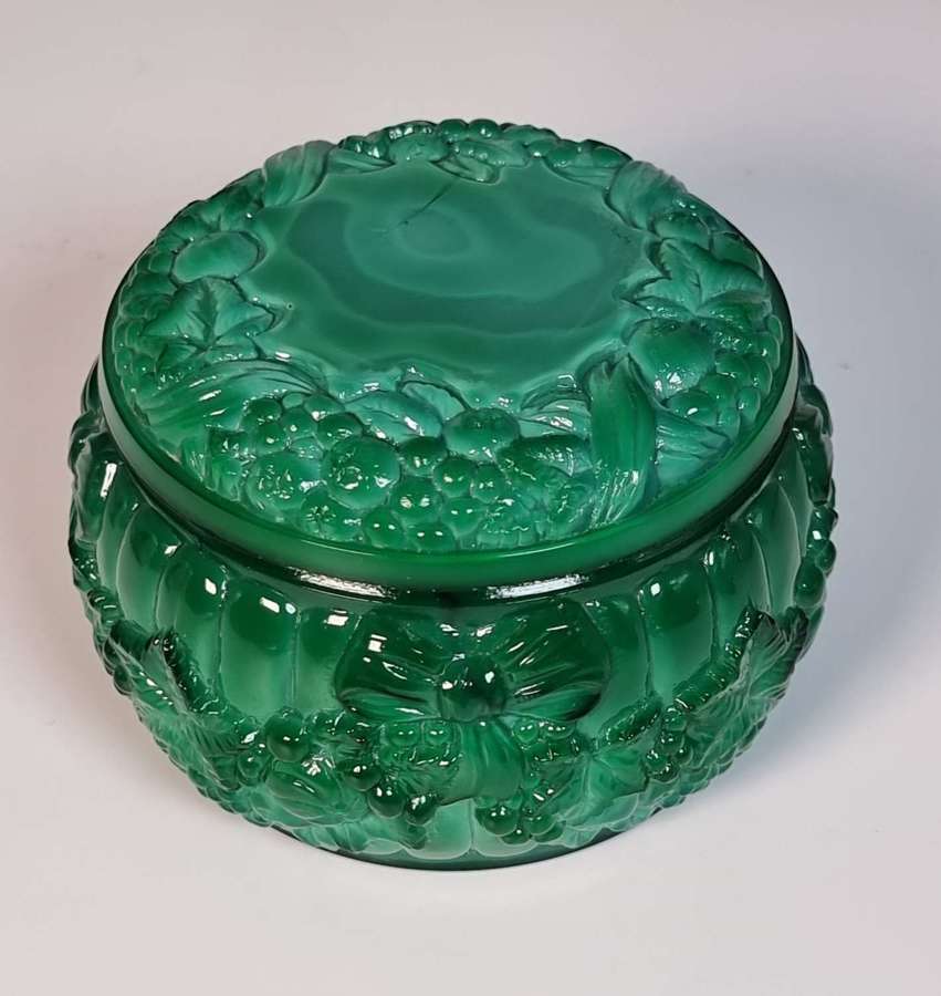 An Art Deco malachite glass jar and cover, circa 1920