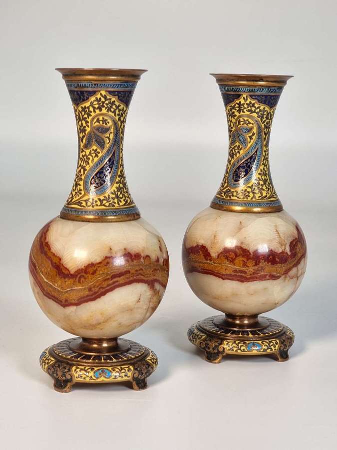 A pair of French champlev&eacute; enamel ormolu and onyx vases circa 1880