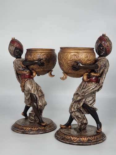 19thC French pair of cast Blackamoor figure jardinieres or planters