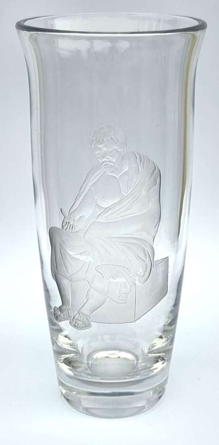 English wheel engraved glass vase with Socrates, the Greek philosopher