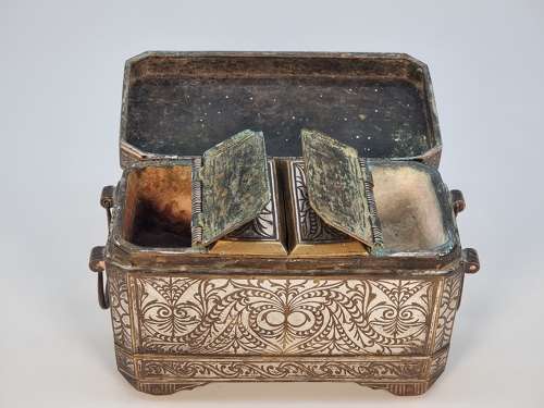 19th century  Mindanao silver inlaid bronze betal nut box