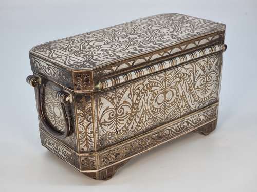 19th century  Mindanao silver inlaid bronze betal nut box