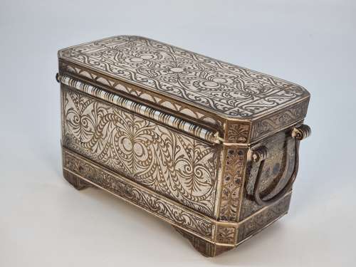19th century  Mindanao silver inlaid bronze betal nut box
