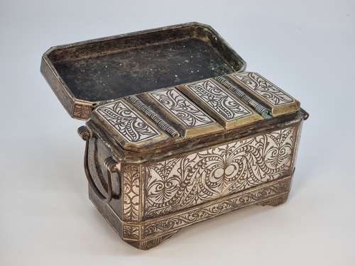 19th century  Mindanao silver inlaid bronze betal nut box
