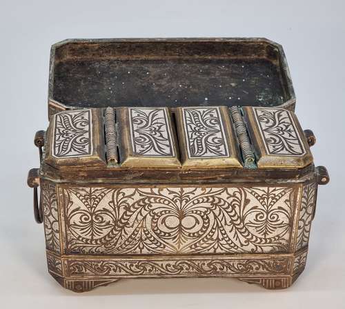 19th century  Mindanao silver inlaid bronze betal nut box