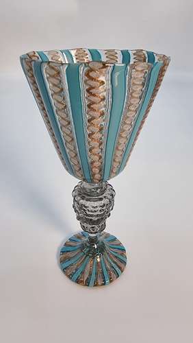 19th century Venetian lattico glass claret jug, stand and goblets