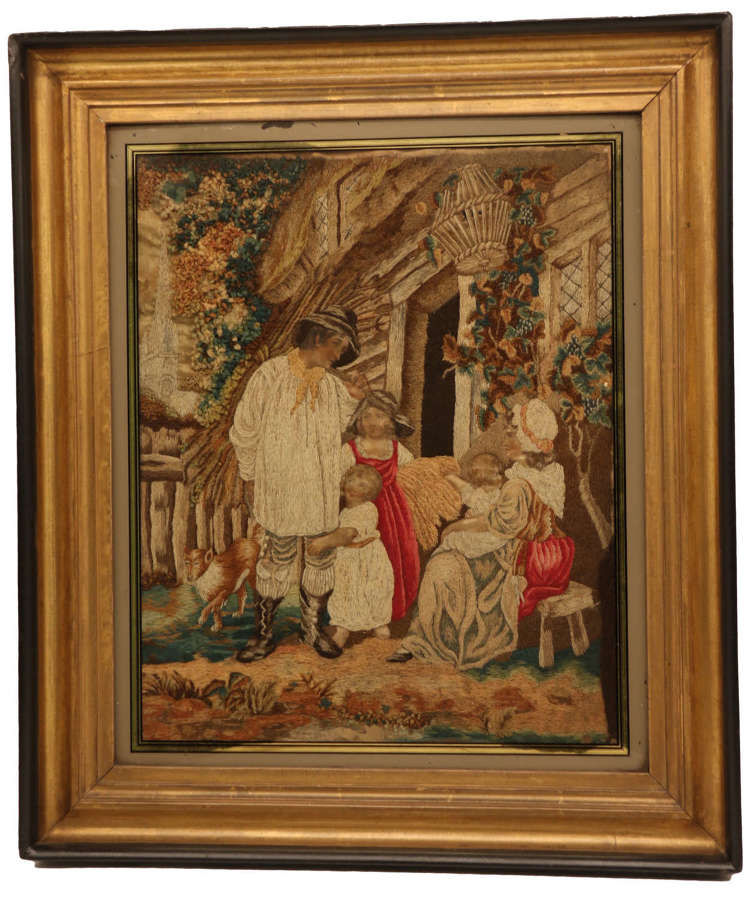 Early 19th century English needlework and hand painted picture C 1830
