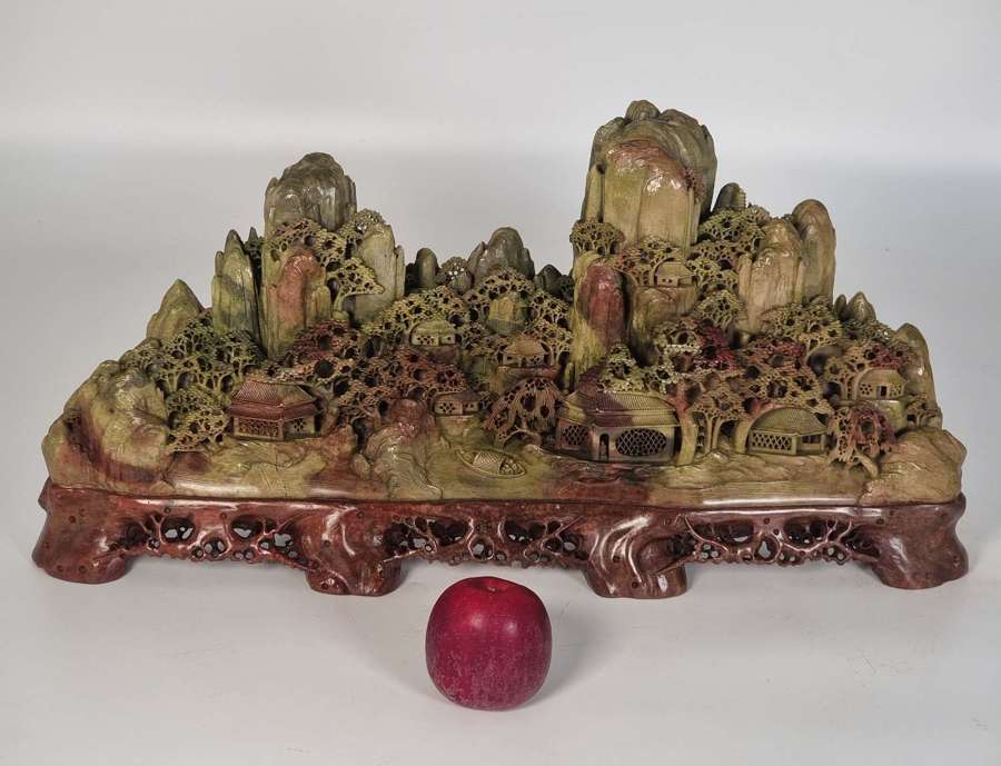 Late 19th century large Chinese carved soapstone landscape circa 1900