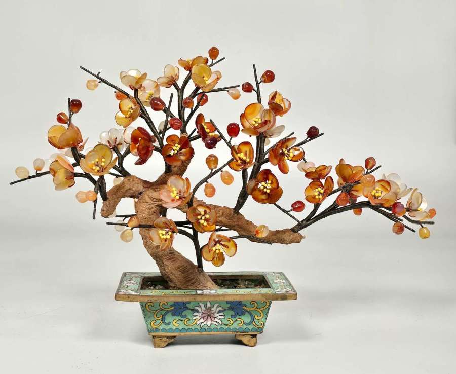 A Chinese cloisonn&eacute; and carved hardstone Prunus bonsai tree.