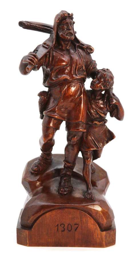 Black Forest Swiss walnut hand carved William Tell and his son