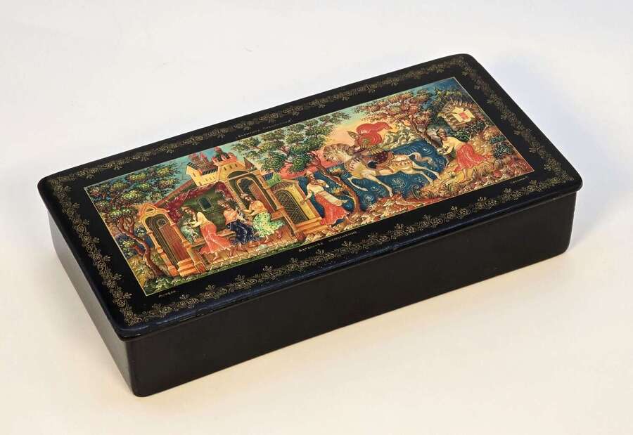 A Russian hand painted papier m&acirc;ch&eacute; black lacquered box circa 1920