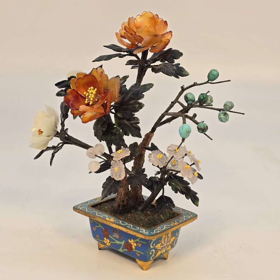 Chinese cloisonn&eacute; and mixed carved hardstone flowering bonsai tree.