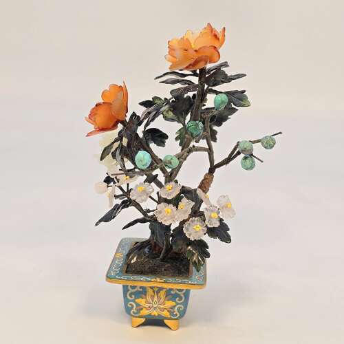 Chinese cloisonné and mixed carved hardstone flowering bonsai tree.