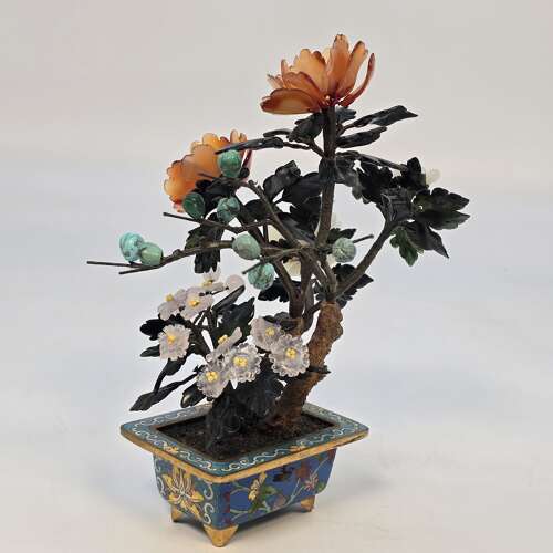 Chinese cloisonné and mixed carved hardstone flowering bonsai tree.