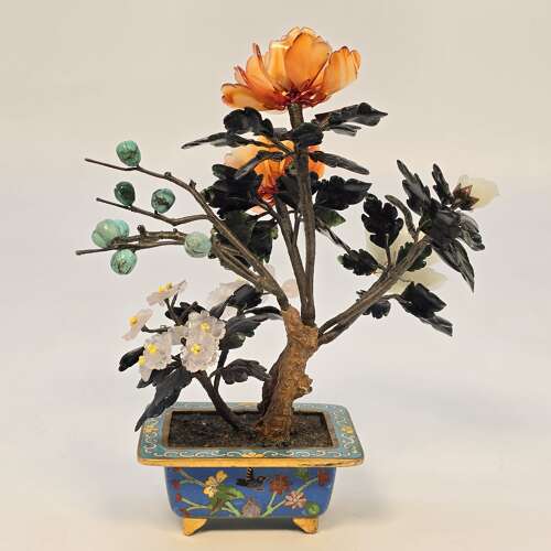 Chinese cloisonné and mixed carved hardstone flowering bonsai tree.