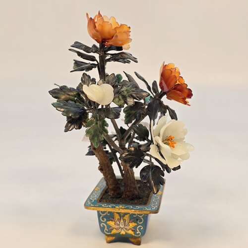 Chinese cloisonné and mixed carved hardstone flowering bonsai tree.