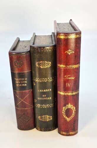A pair of bookends made in the form of antique leather bound books.