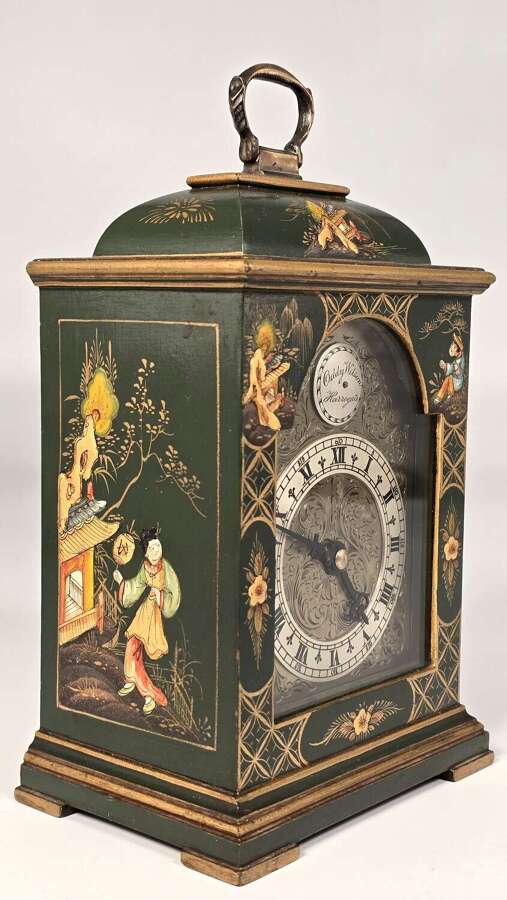 A rare miniature green lacquer and chinoiserie bracket clock