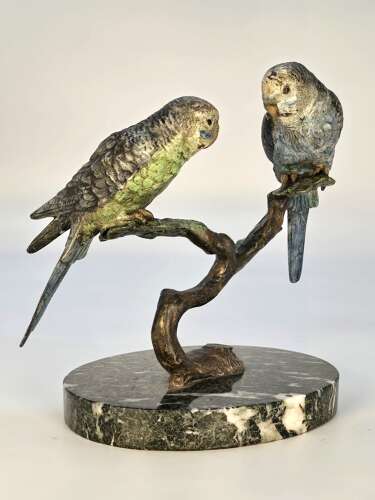 A pair of Austrian bronze cold painted budgerigars circa 1920