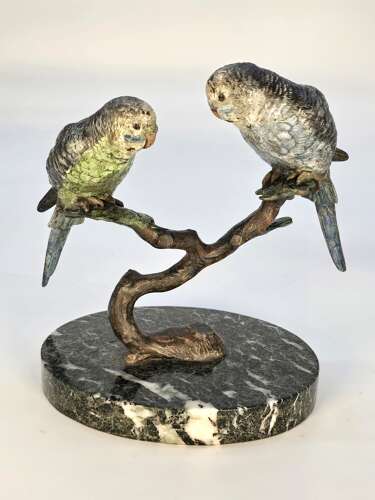 A pair of Austrian bronze cold painted budgerigars circa 1920